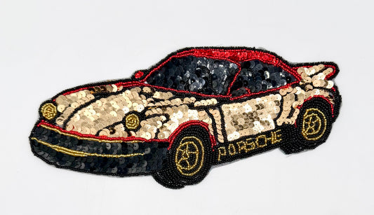 Porsche con lentejuelas doradas y rojas y faros de cuentas doradas de 26 cm x 11,4 cm