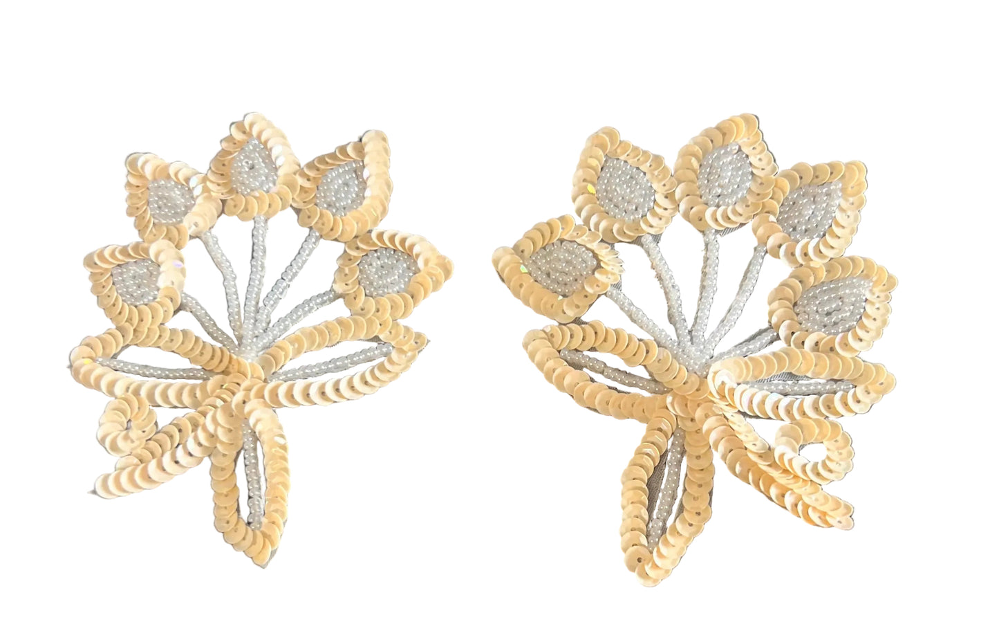 Flower Pairs with White Beads and Cream Sequin Leaves 3" x 3.5"