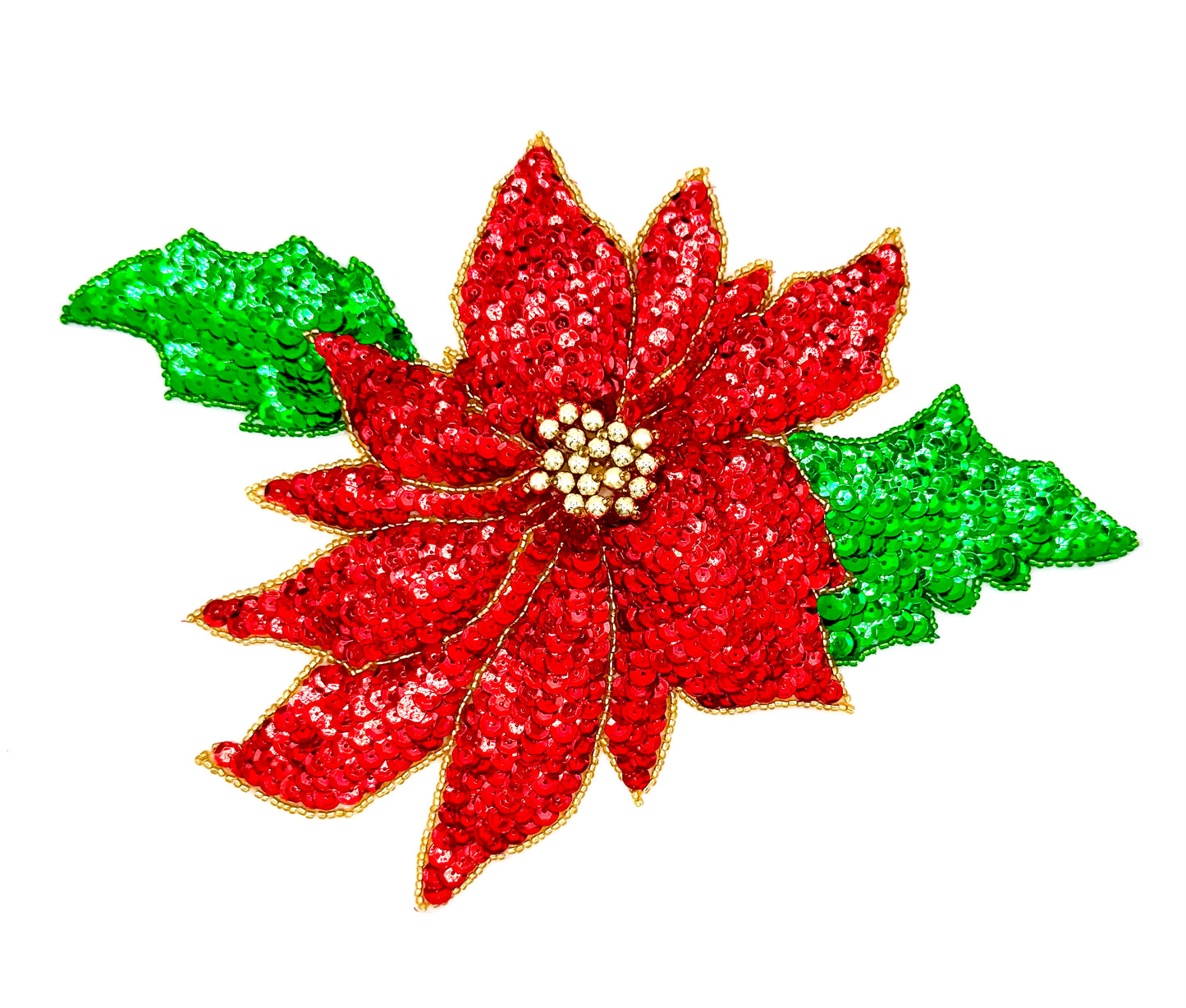 Sequin and Bead Poinsettia Red Flower with Gold Center - 10.5" x 7.5”