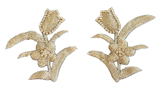 Silver Beaded Flower Pair Appliqué with Rhinestones, 5.5 x 5 Inch