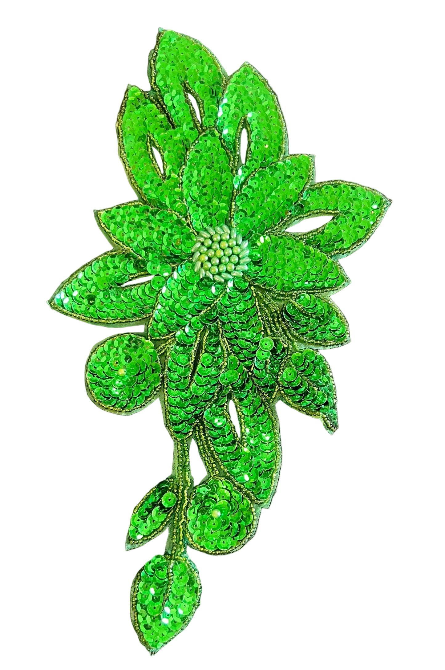 Flor con Lentejuelas Verdes y Cuentas 28 x 15 cm