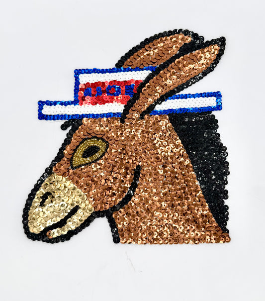 Political Donkey with Hat - Sequins and Glass Beads - 8" x 7.5"