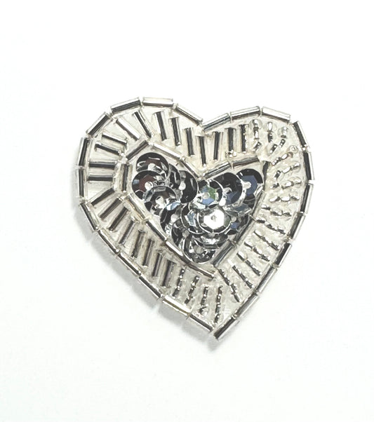 Heart Appliqué - Silver Sequin Center - Silver Beads 1.5" x 1.5"