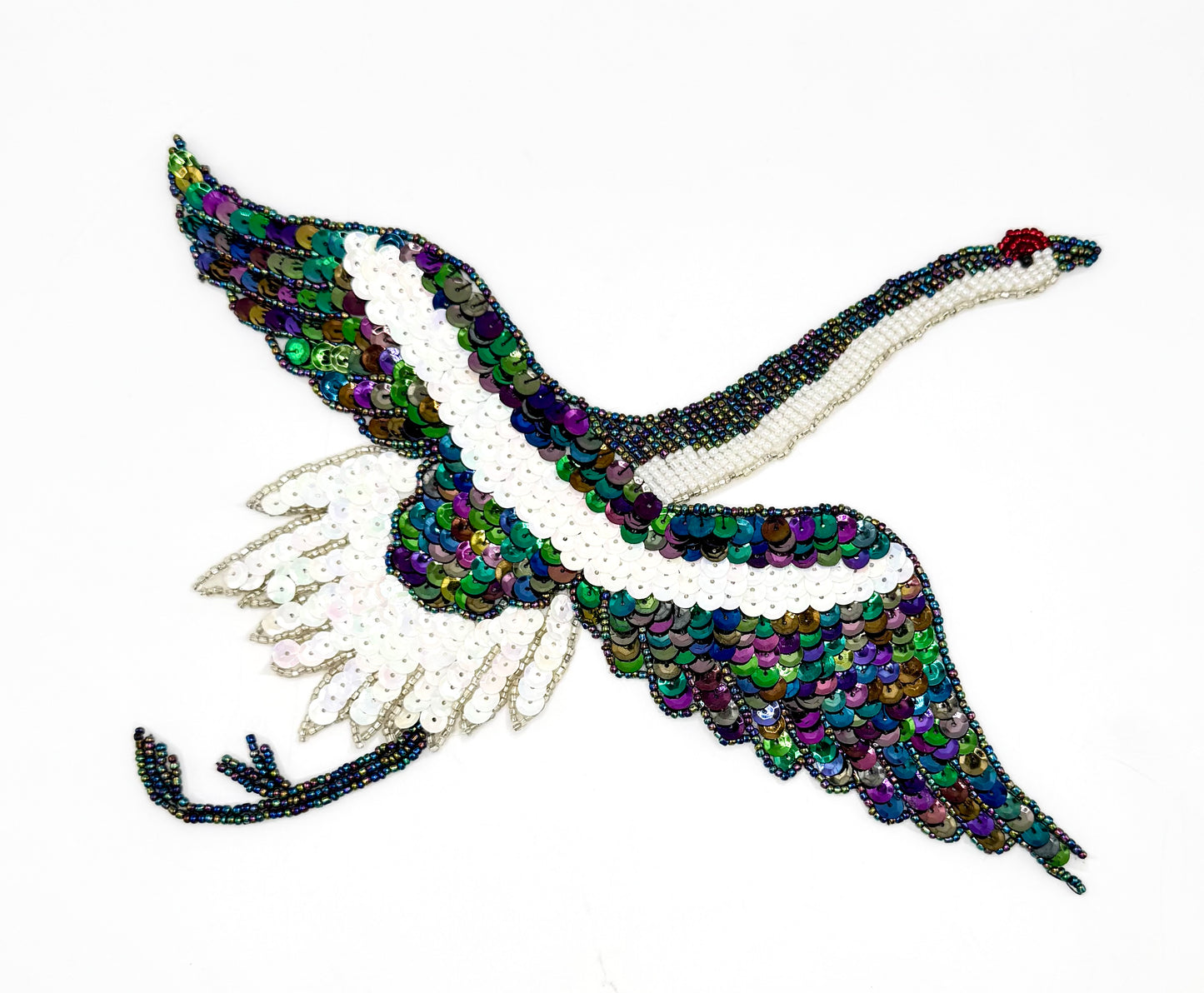Flying Sequin Crane - Moonlight/White Sequins/Beads-  10.5" x 8"