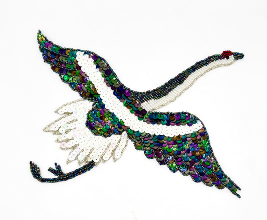 Flying Sequin Crane - Moonlight/White Sequins/Beads-  10.5" x 8"