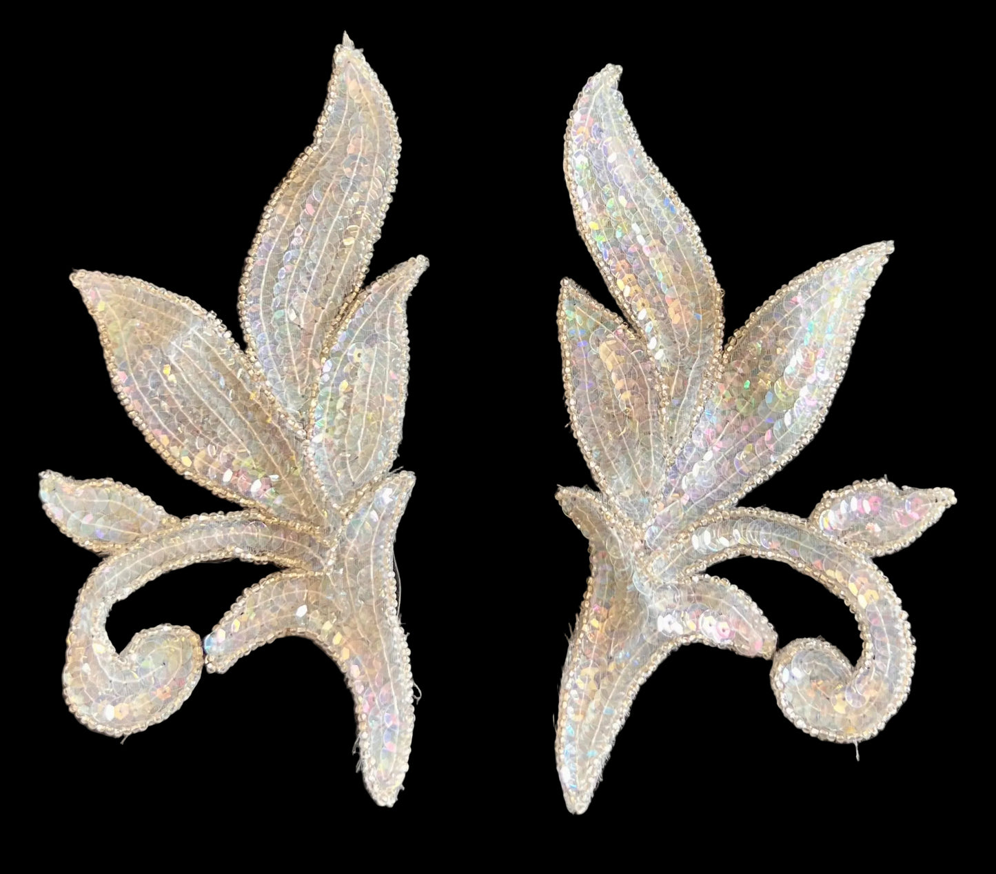 Leaf Pair Iridescent Sequins Silver Trim 3.5" x 7"