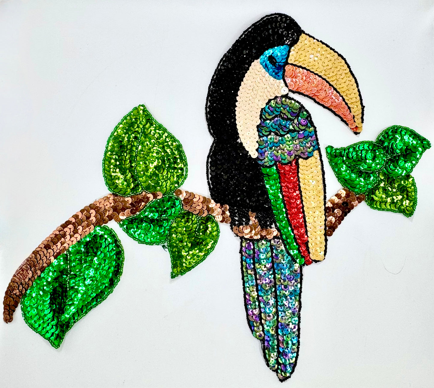 Huge Toucan Perched on a Tree Branch with Multicolored Sequins and Beads 15.75" x 12.5"
