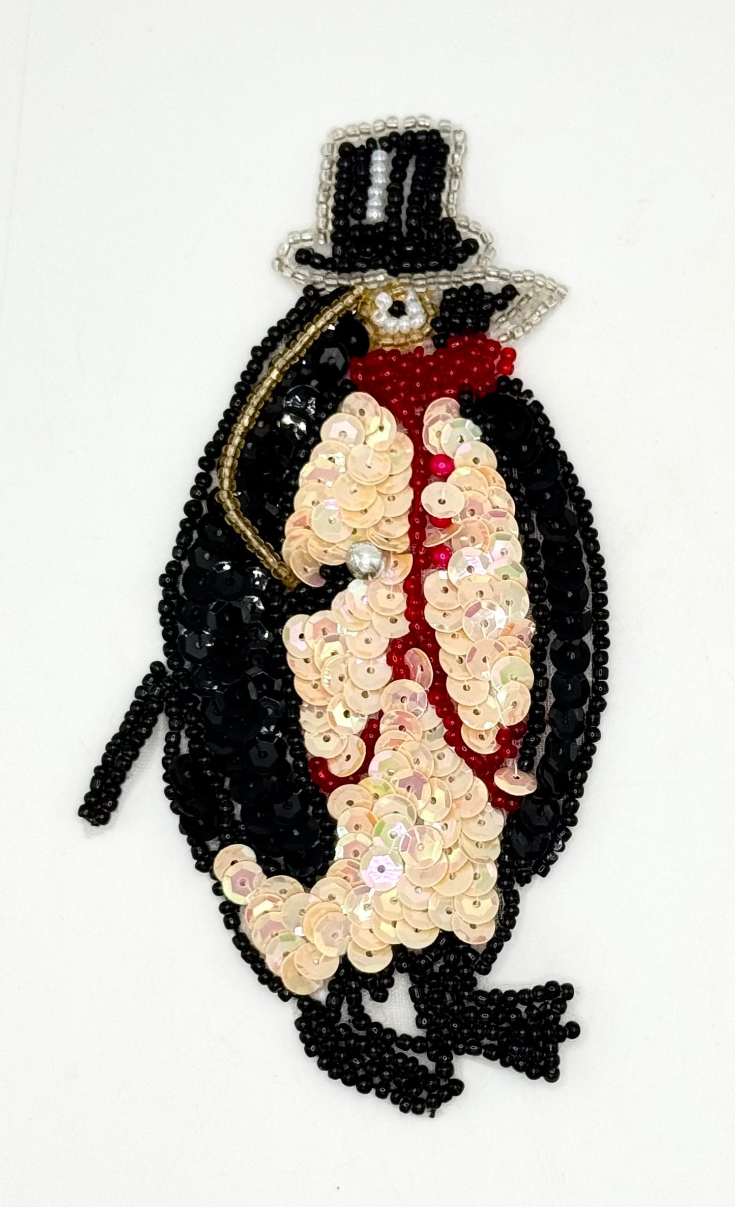 Sequin Penguin with Hat, Cane and Monocle - Sequins and Beads - 4.75" x 2.5"