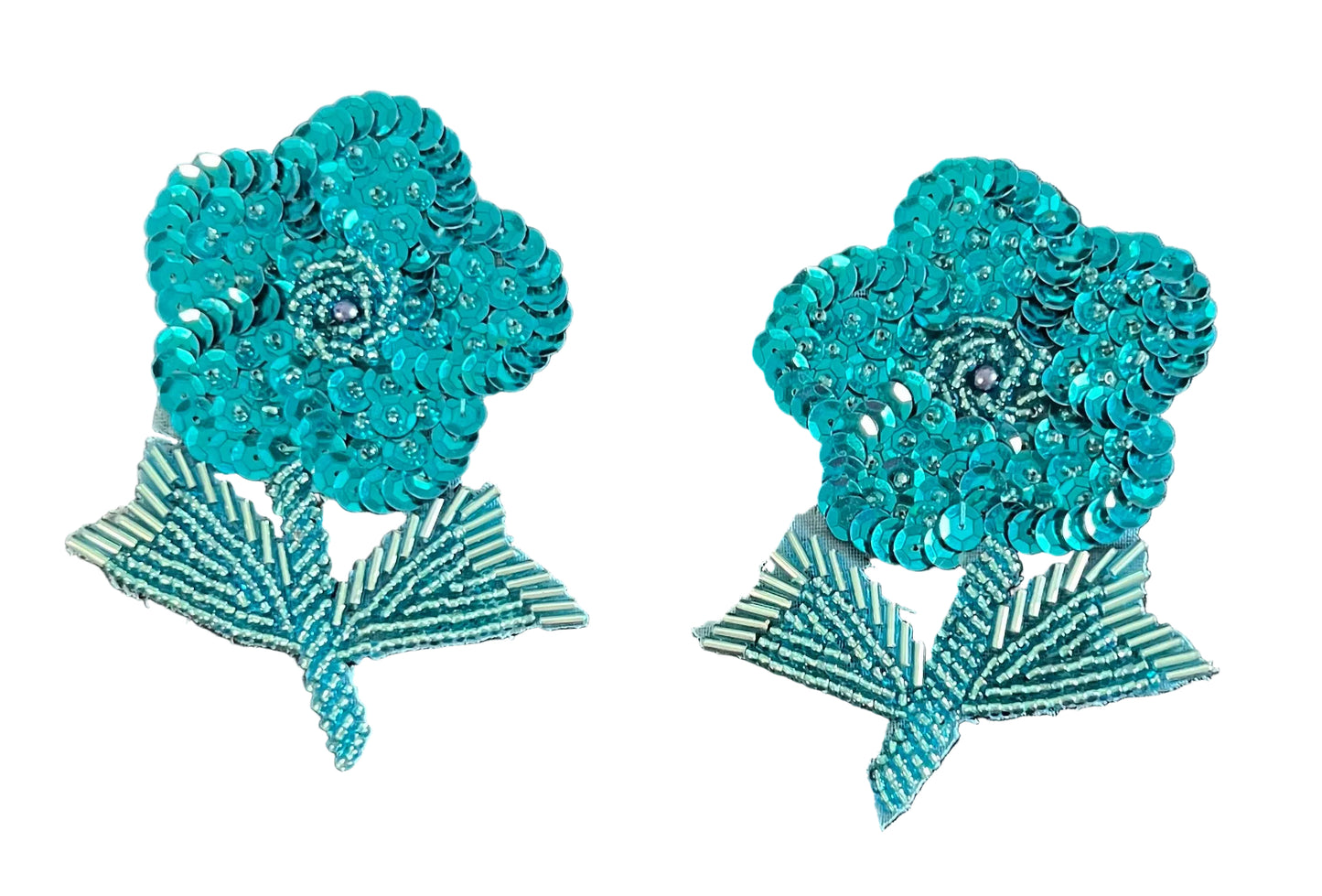 Par de flores con lentejuelas y abalorios turquesa de 10 x 7,5 cm
