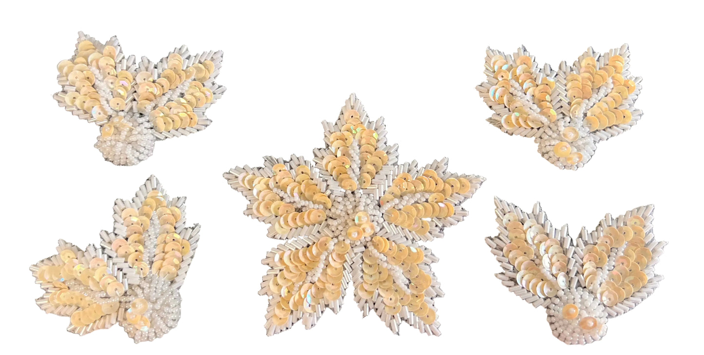Flower - Set of Five with Cream Sequins and Beads Center Flower 4” and the Smaller 4 Leaves are 2”