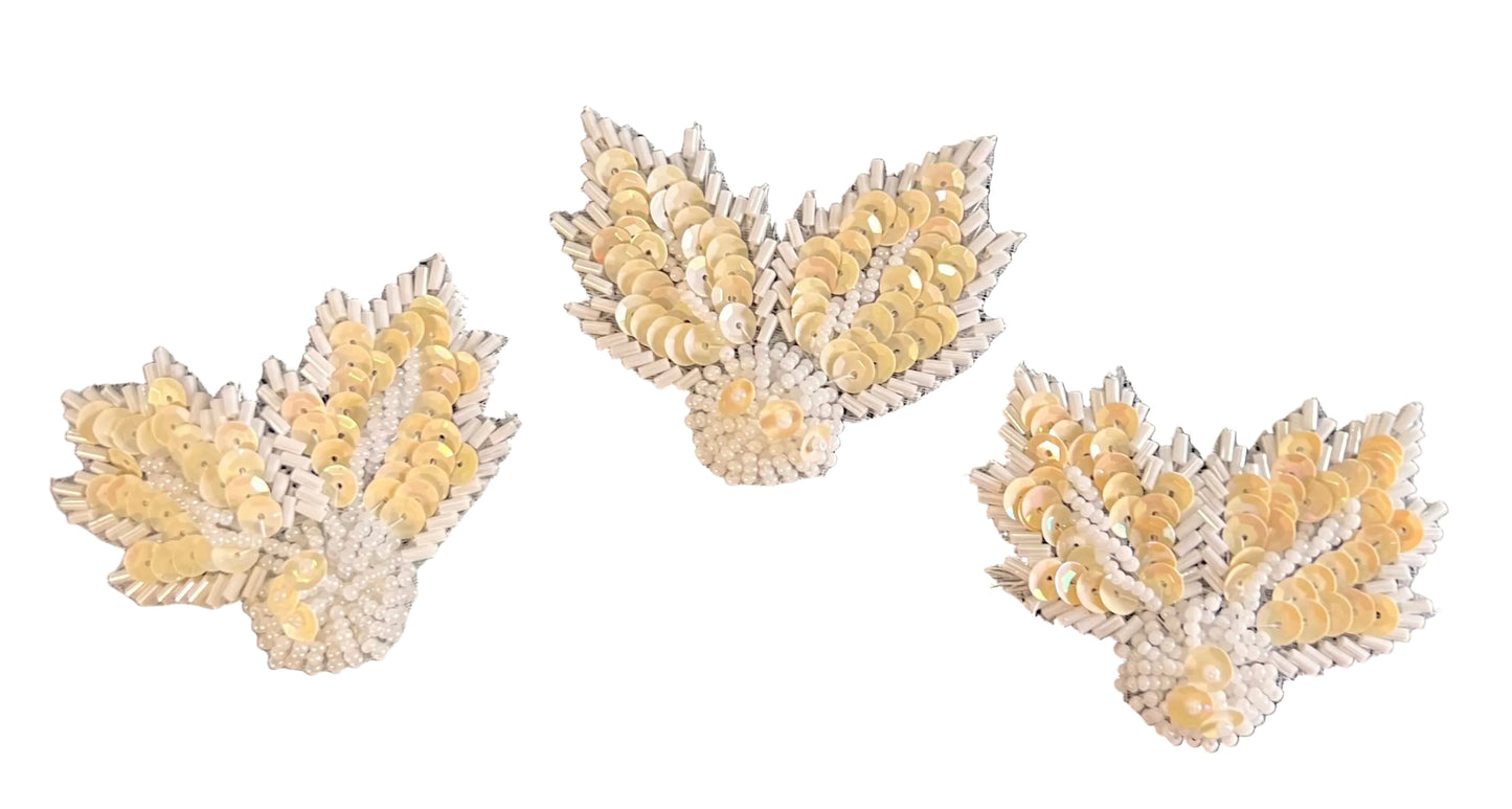 Flower - Set of Five with Cream Sequins and Beads Center Flower 4” and the Smaller 4 Leaves are 2”