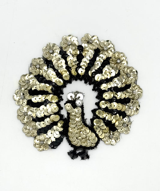 Vintage Sequin Peacock - Black and Gold Sequins - Black Beads - 4.5" x 4.5"