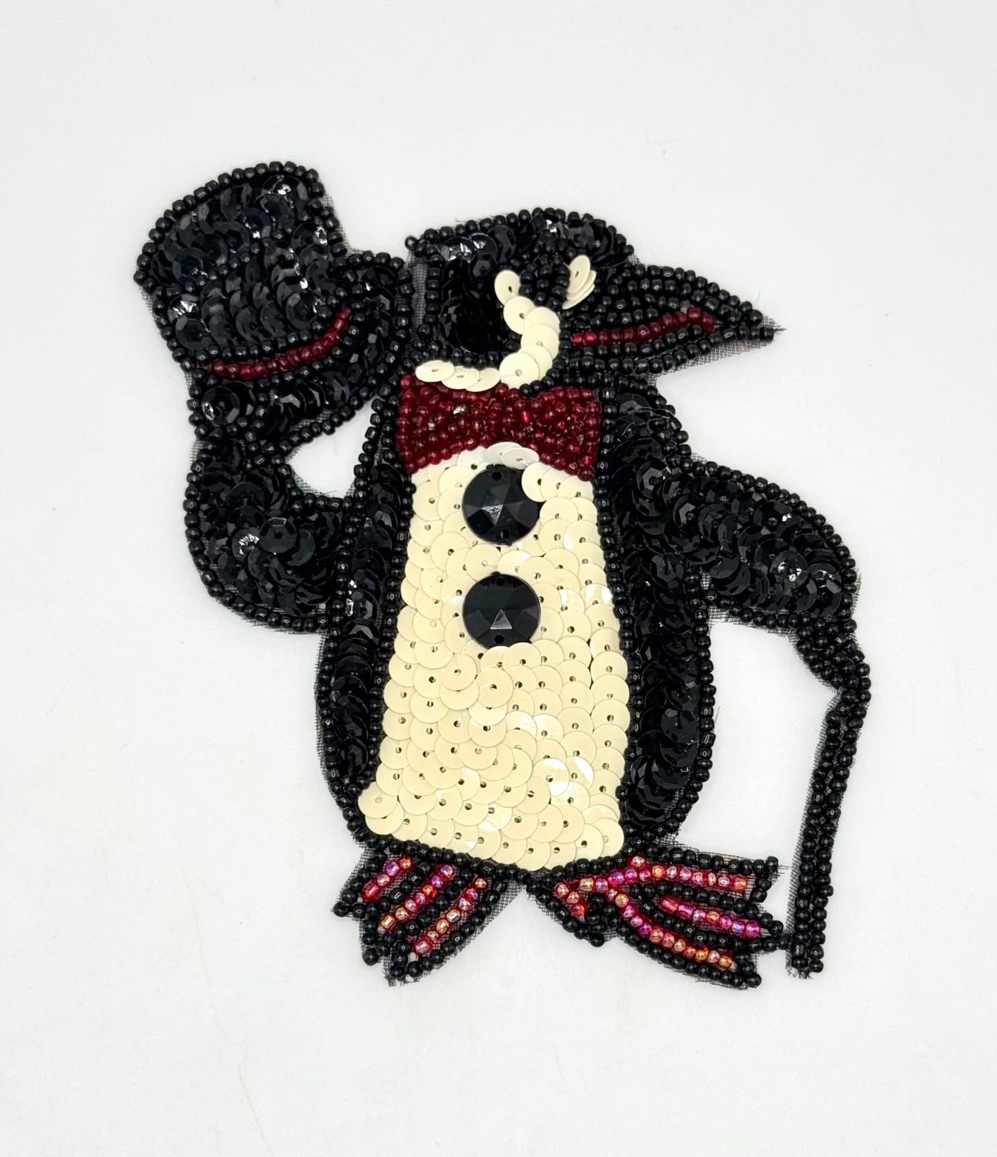 Penguin Tuxedo Applique – Sequins, Beads, Top Hat, Cane (4.5" x 4.25")