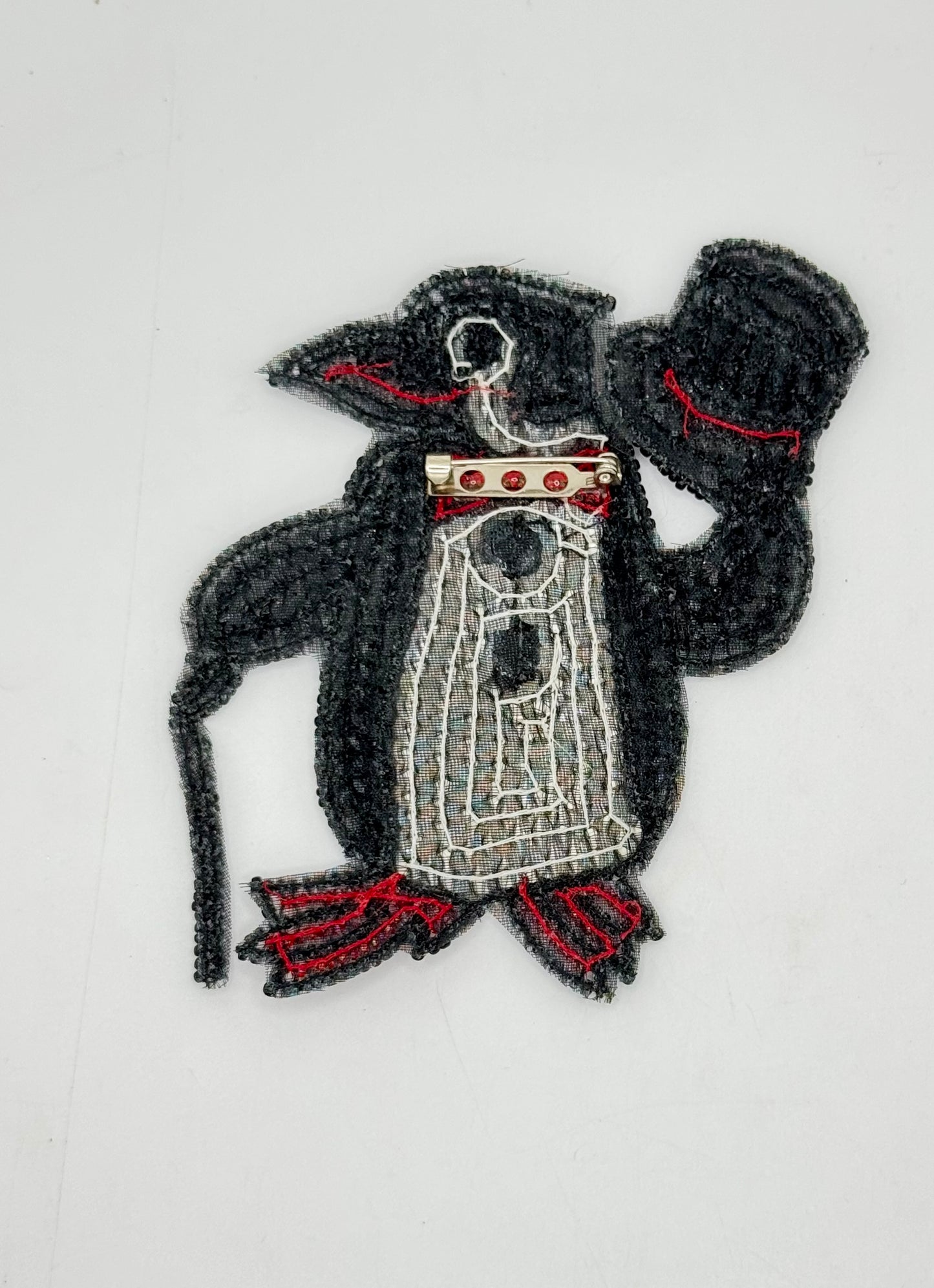 Penguin Tuxedo Applique – Sequins, Beads, Top Hat, Cane (4.5" x 4.25")