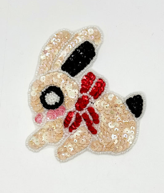 Sequin Bunny Rabbit with Red Bow - Multi-Colored Sequins and Red Bow 4" x 3.75"