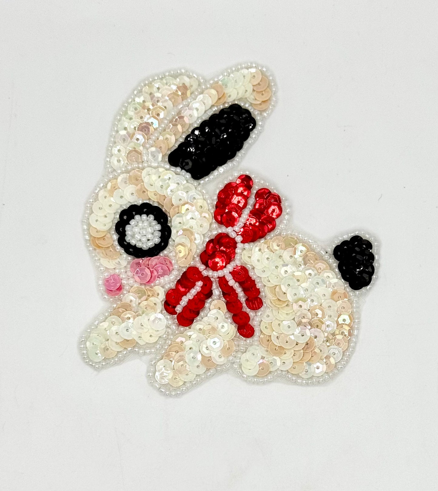Sequin Bunny Rabbit with Red Bow - Multi-Colored Sequins and Red Bow 4" x 3.75"
