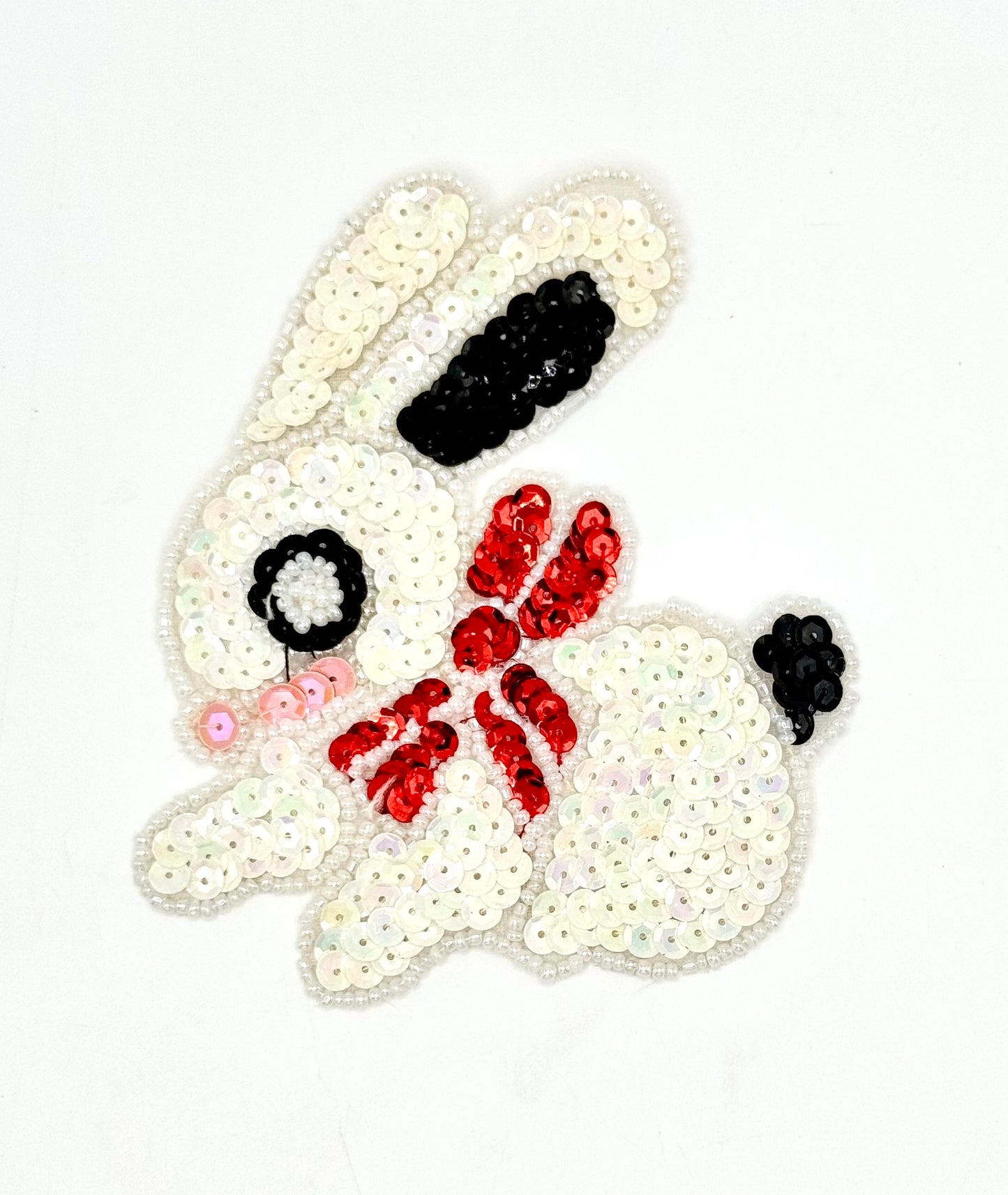 Sequin Bunny Rabbit with Red Bow - Multi-Colored Sequins and Red Bow 4" x 3.75"