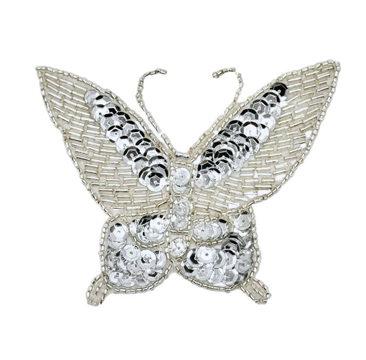 Antiqued Silver Sequined Butterfly Appliqué – Beaded Embellishment 4.25" x 3" or 3” x 2.5”