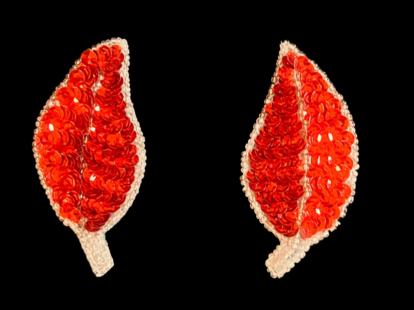 Leaf Pair with Red Sequins Silver Beads 3" x 2.5"