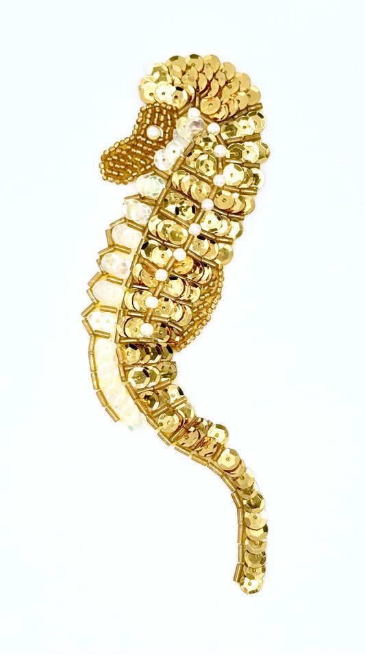 Seahorse Appliqué - Choice of Color Gold or Rose Gold Sequins - Glass Beads - Pearls  6” x 2.25”