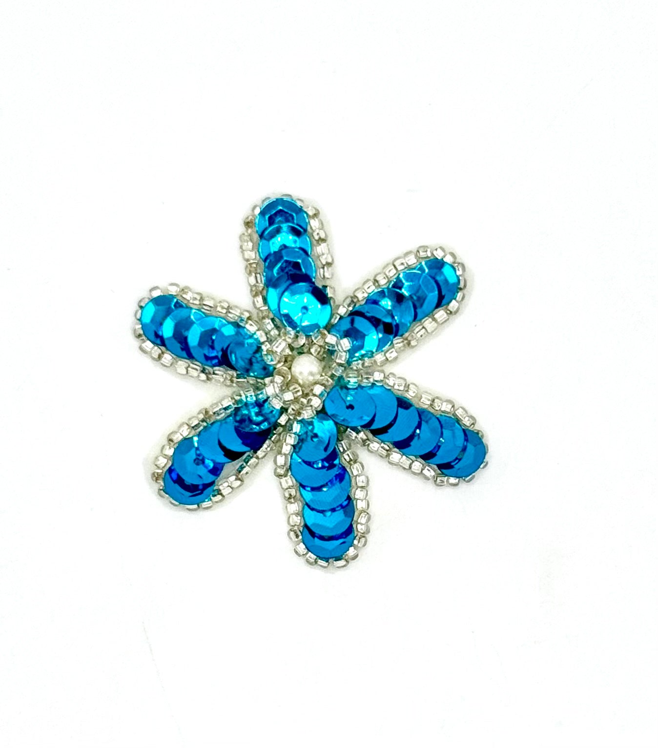 Flower with Turquoise Sequins and Silver Beads with a Pearl Center 2"