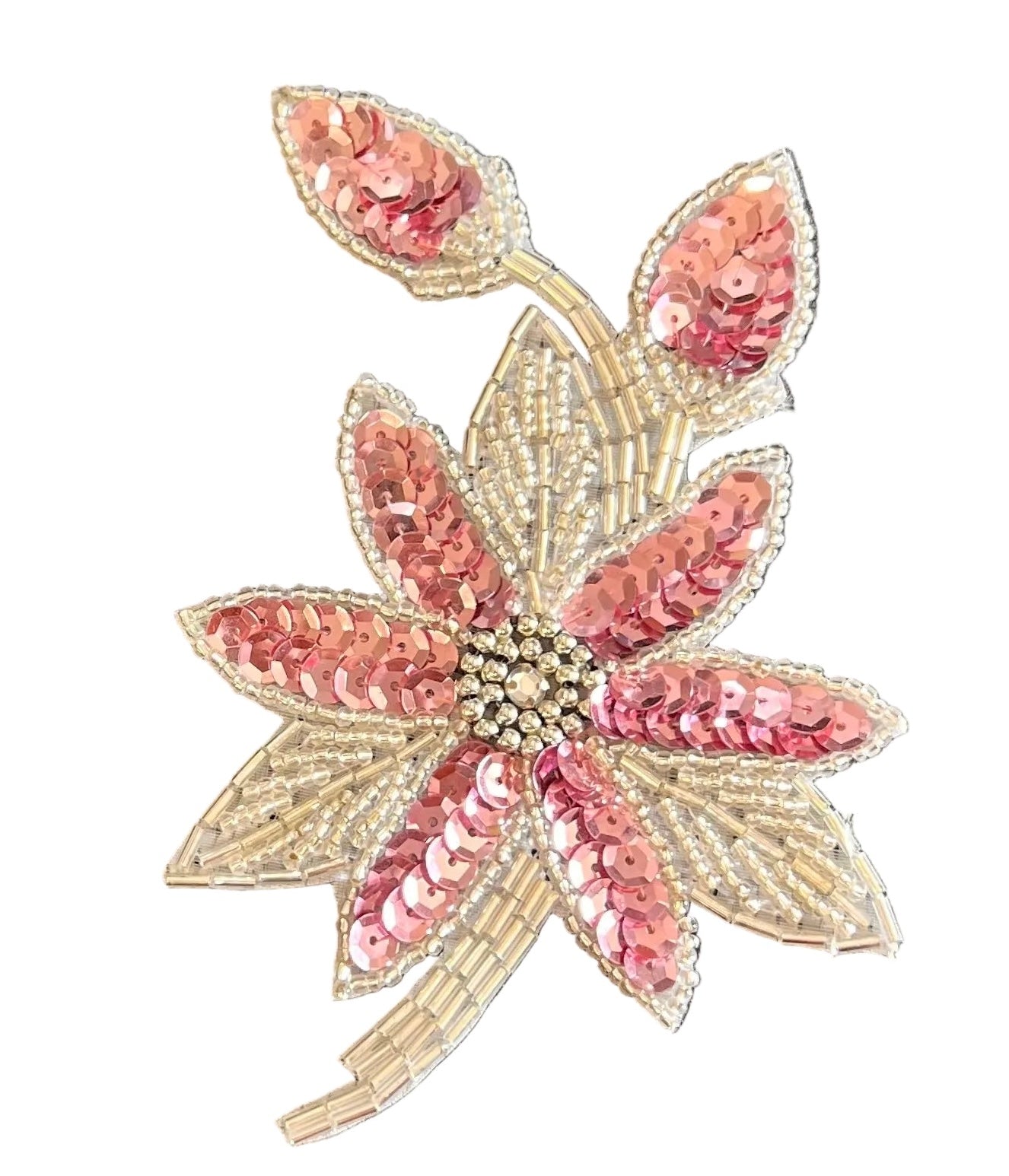 Par de Flores con Lentejuelas Rosas y Cuentas Plateadas y Centro de Pedrería 5.5" x 3.5"