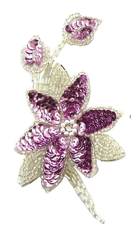 Flower Pair Orchid Pink Sequins Silver Beads 6" x 3.25"