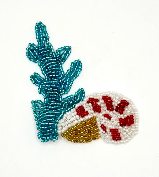 Seaweed and Shell Appliqué - Turquoise/White/Red/Gold Beads 3" X 2.75"-