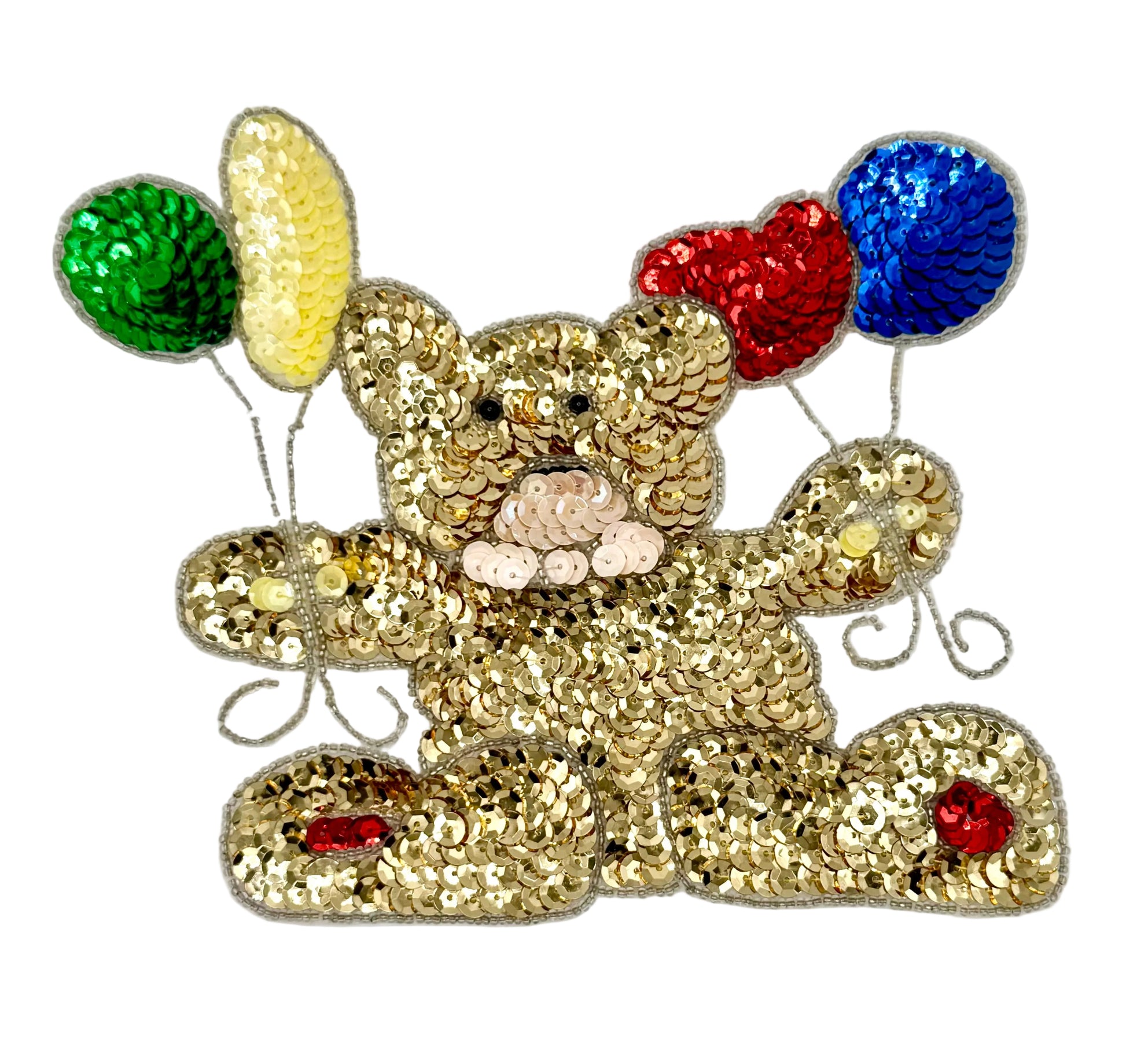 Sequined teddy bear with colorful balloons on a white background