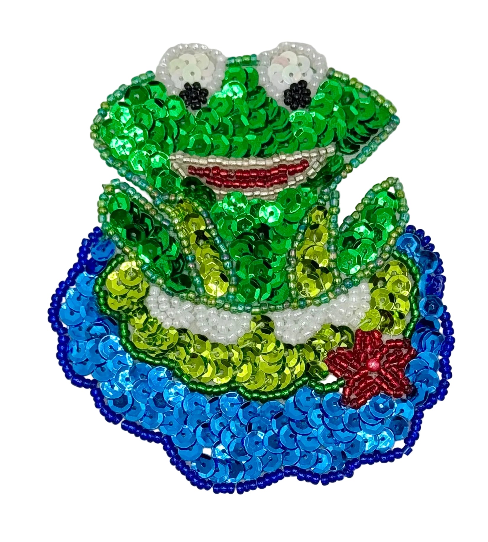 Sequined frog patch with blue and green colors on a white background