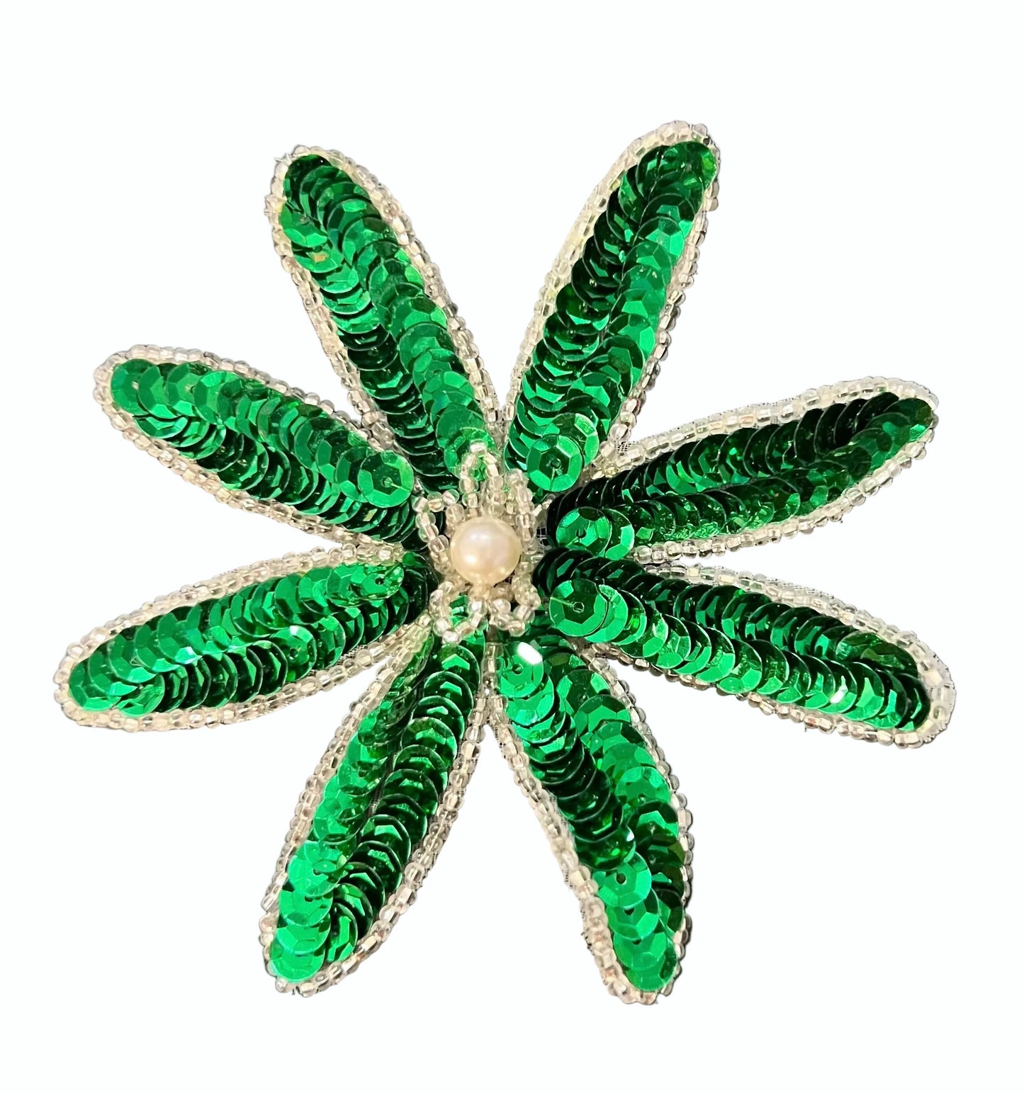 Flower Appliqué - Green Sequins and Silver Beads - Pearl Bead Center 4"x 4"