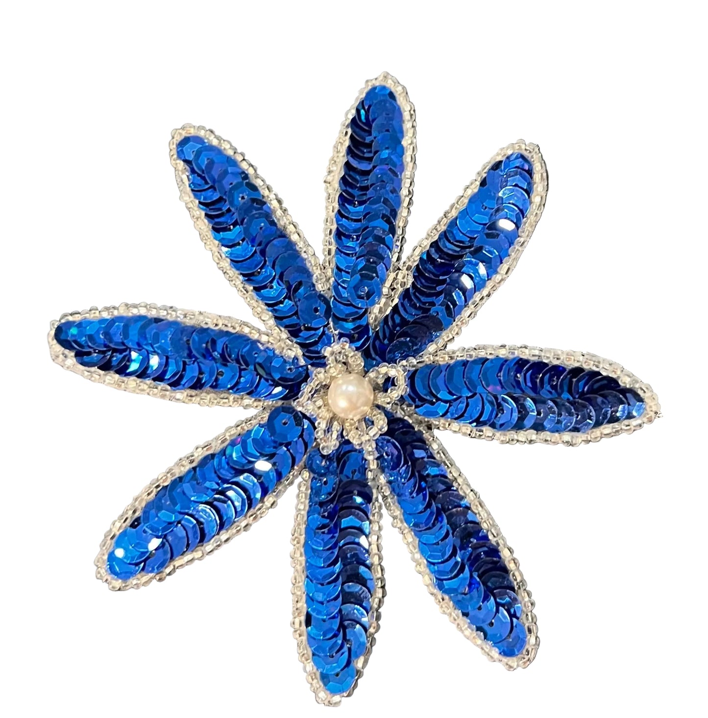 Flower With Royal Blue Sequins and Silver Beads with a Pearl Center 4" x 4"