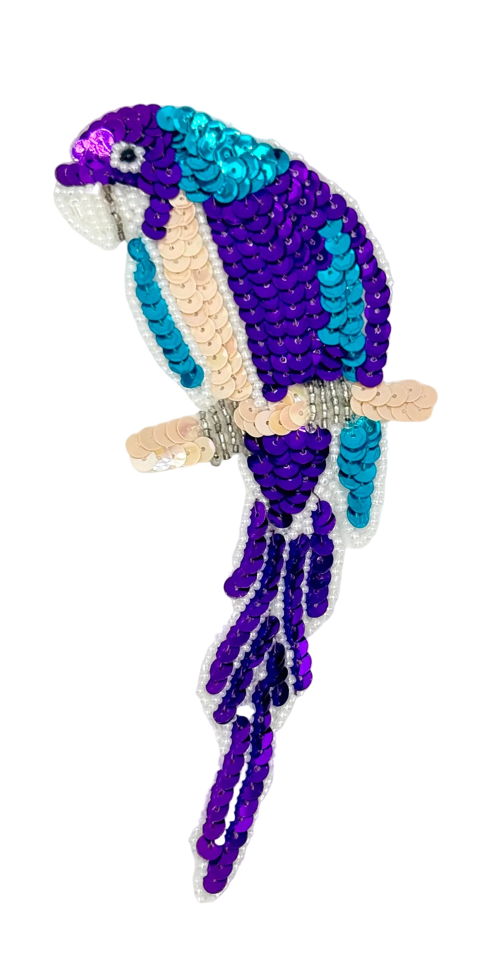 Sequined parrot design on a white background