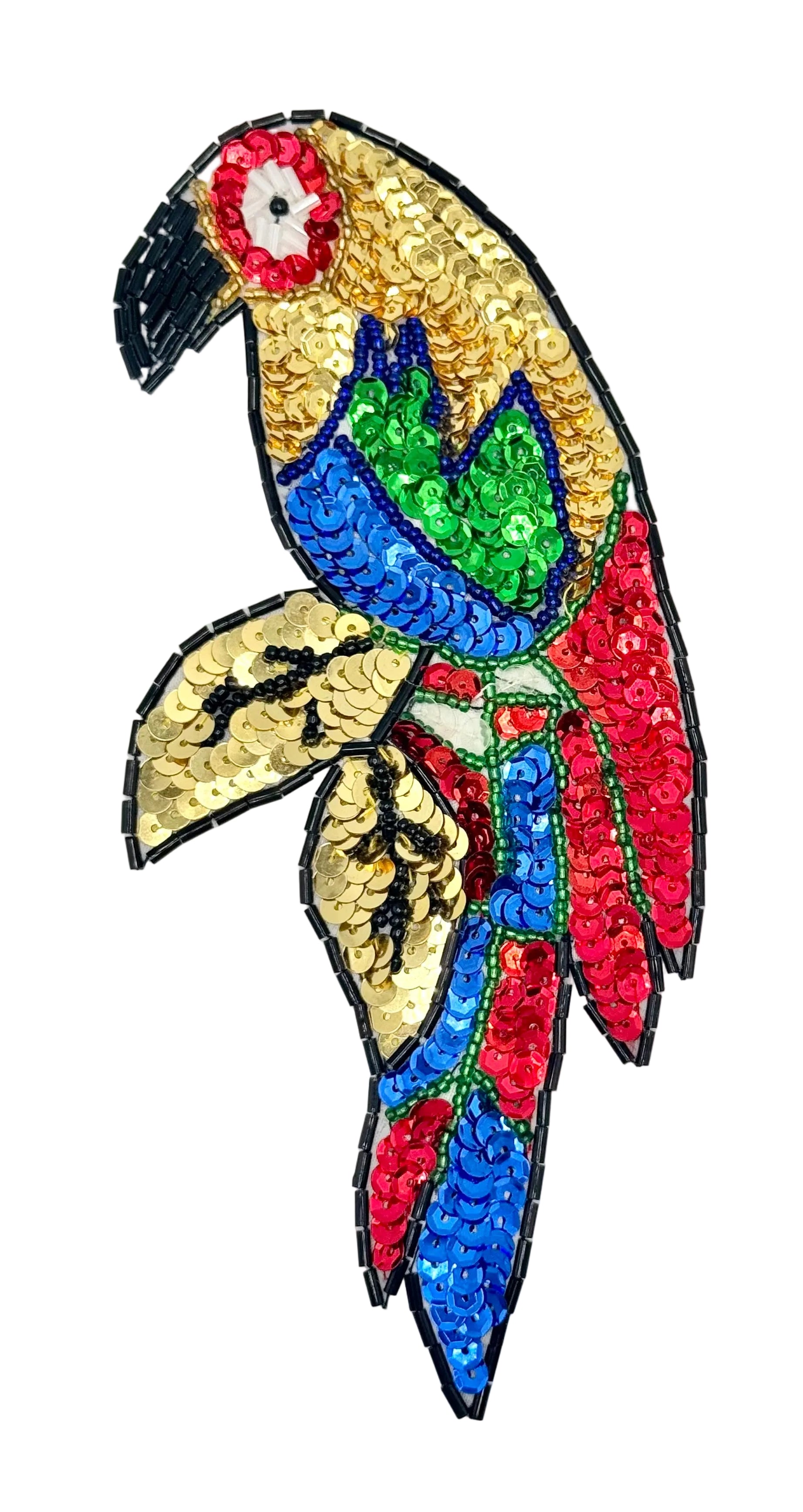 Colorful parrot-shaped sequin patch on a white background