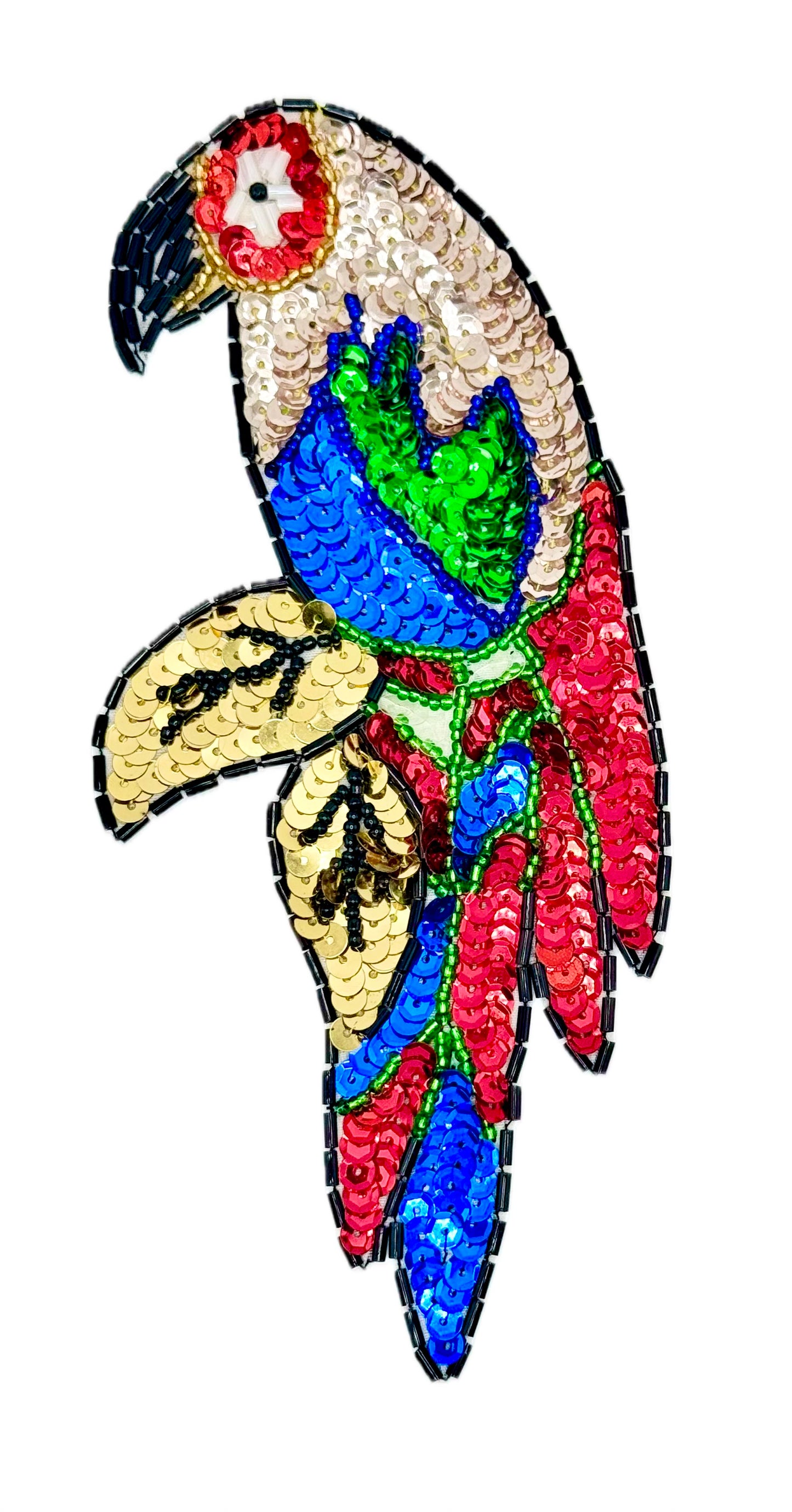 Loro posado en una rama - Lentejuelas multicolores y abalorios de cristal 7" X 3"