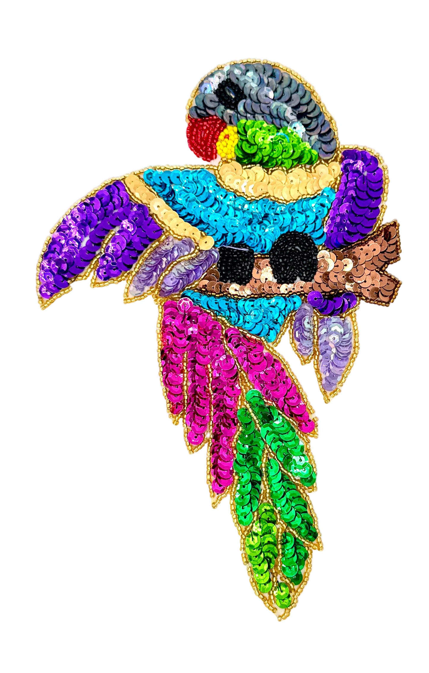 Loro en una percha con cola verde - Lentejuelas y abalorios multicolor de 22,22 cm x 14,60 cm