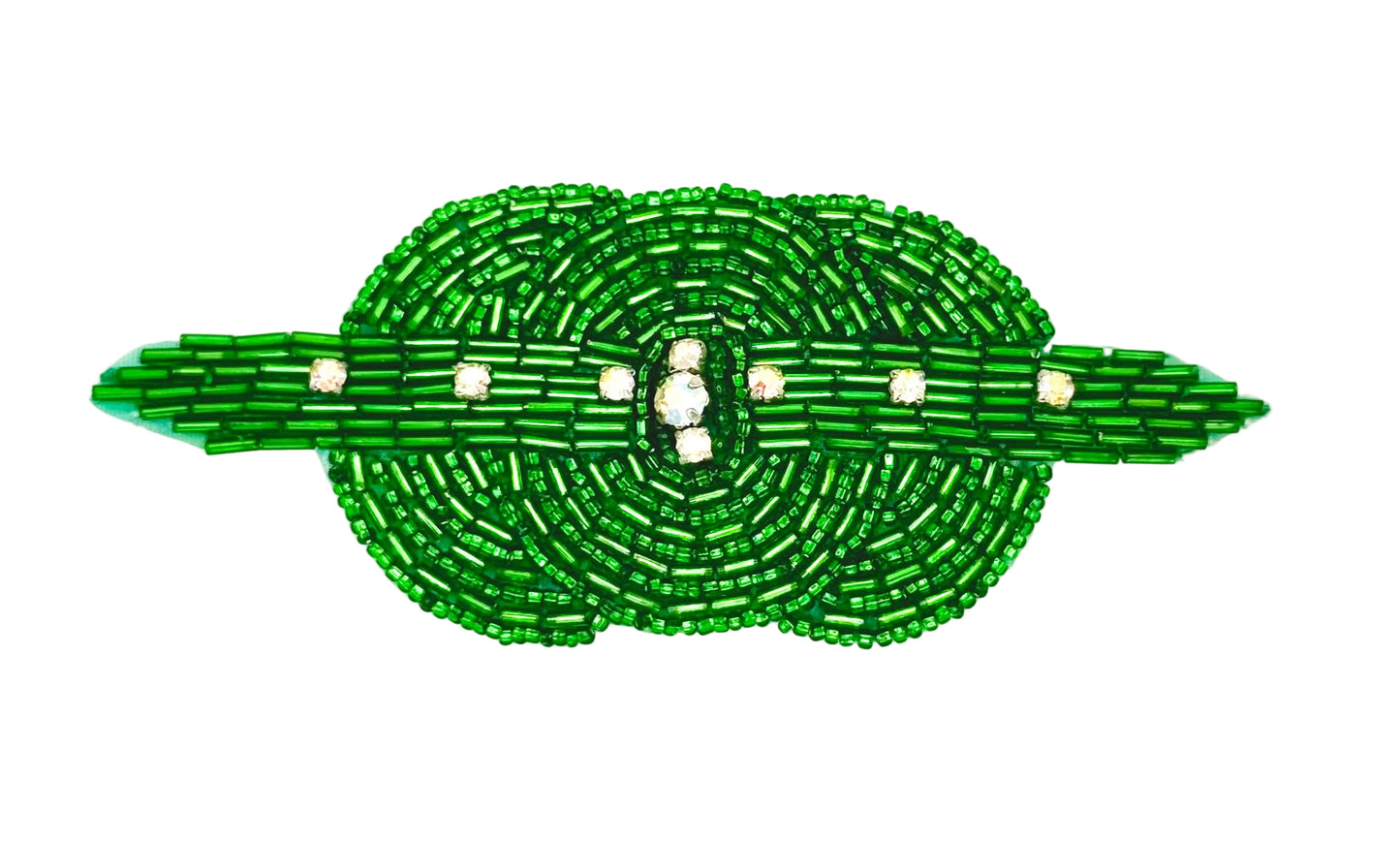 Green beaded patch on a white background