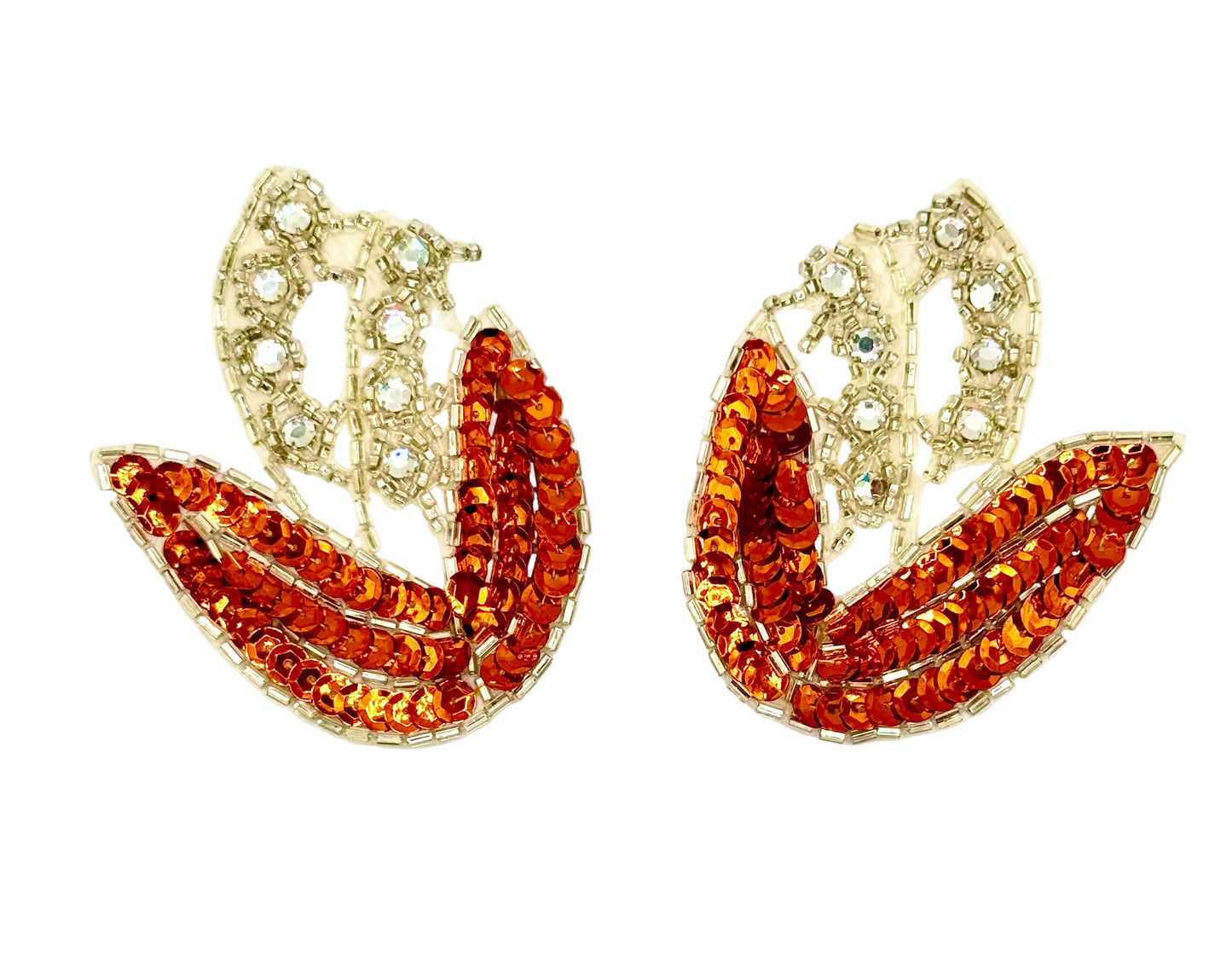 Orange Flower Pair with Silver Beads & Rhinestones (2.5" x 3.5")