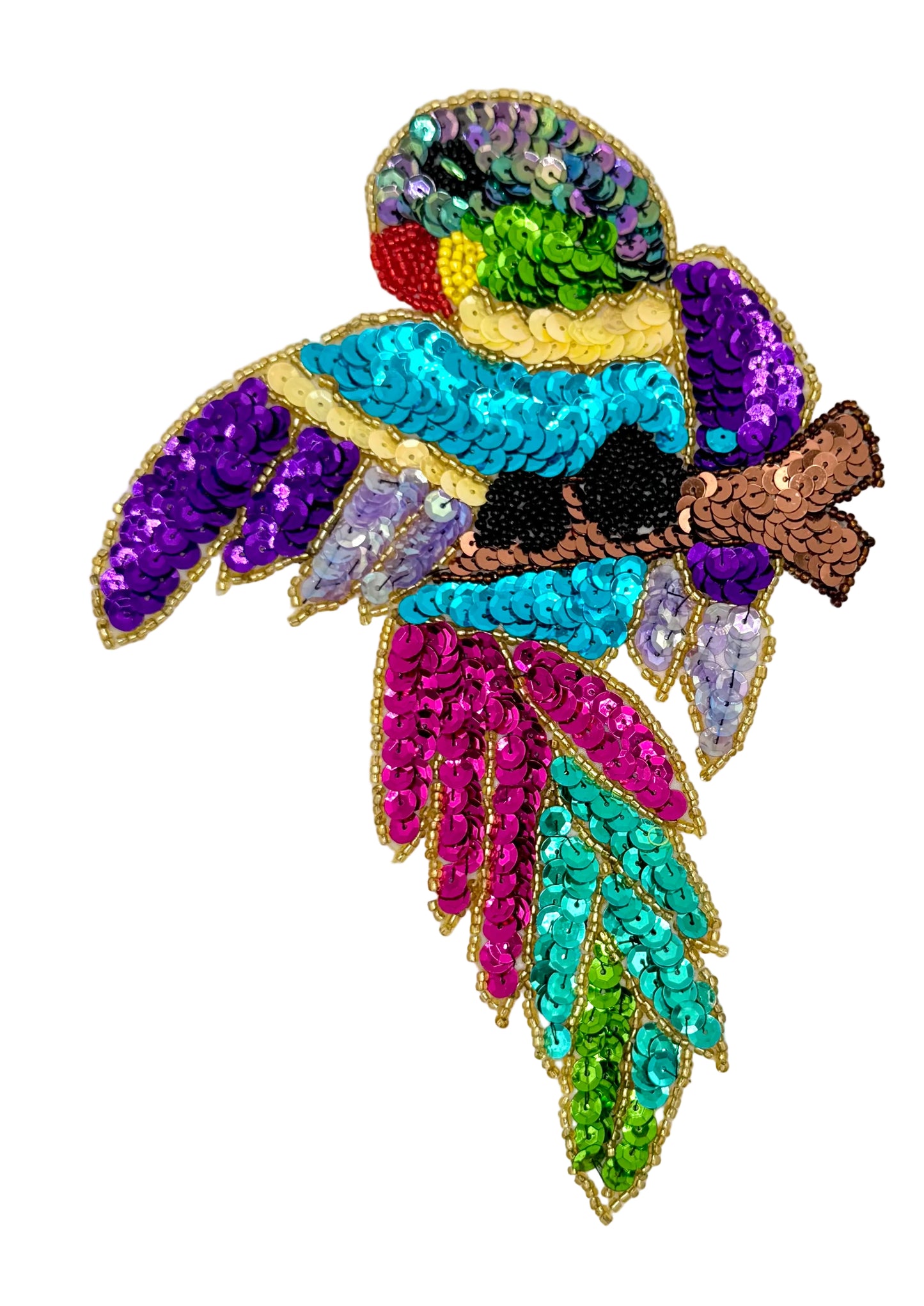 Parrot on a Perch Green/Teal Tail- Multicolored Sequins and Beads 8.5" x 5.75"