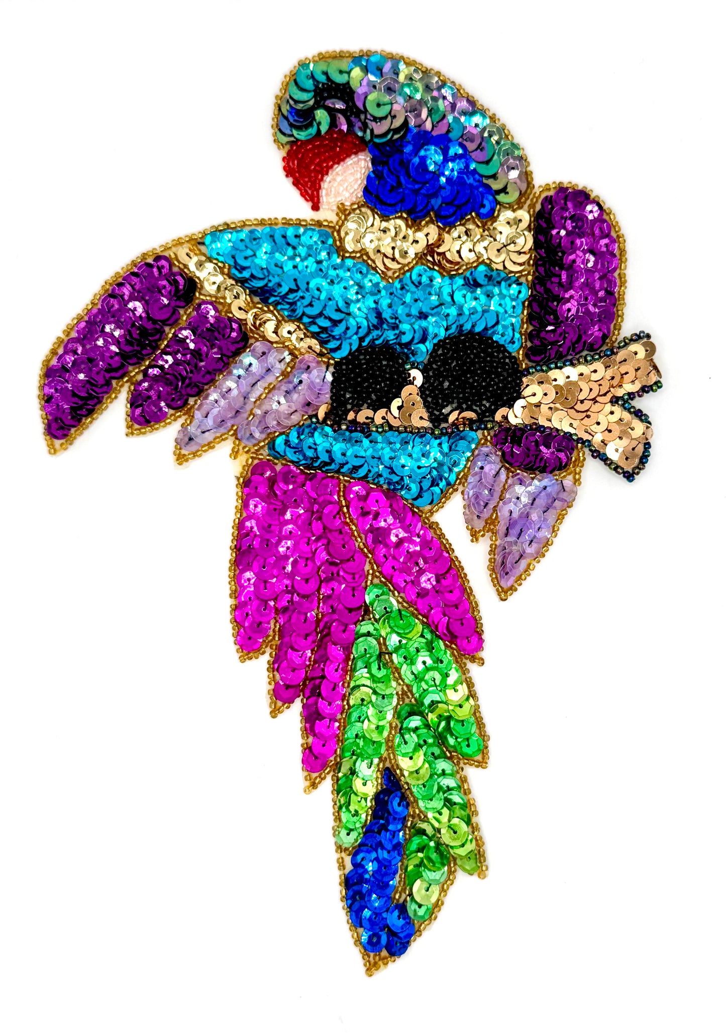 Parrot on a Perch Green/Blue Tail- Multicolored Sequins and Beads 9" x 6"
