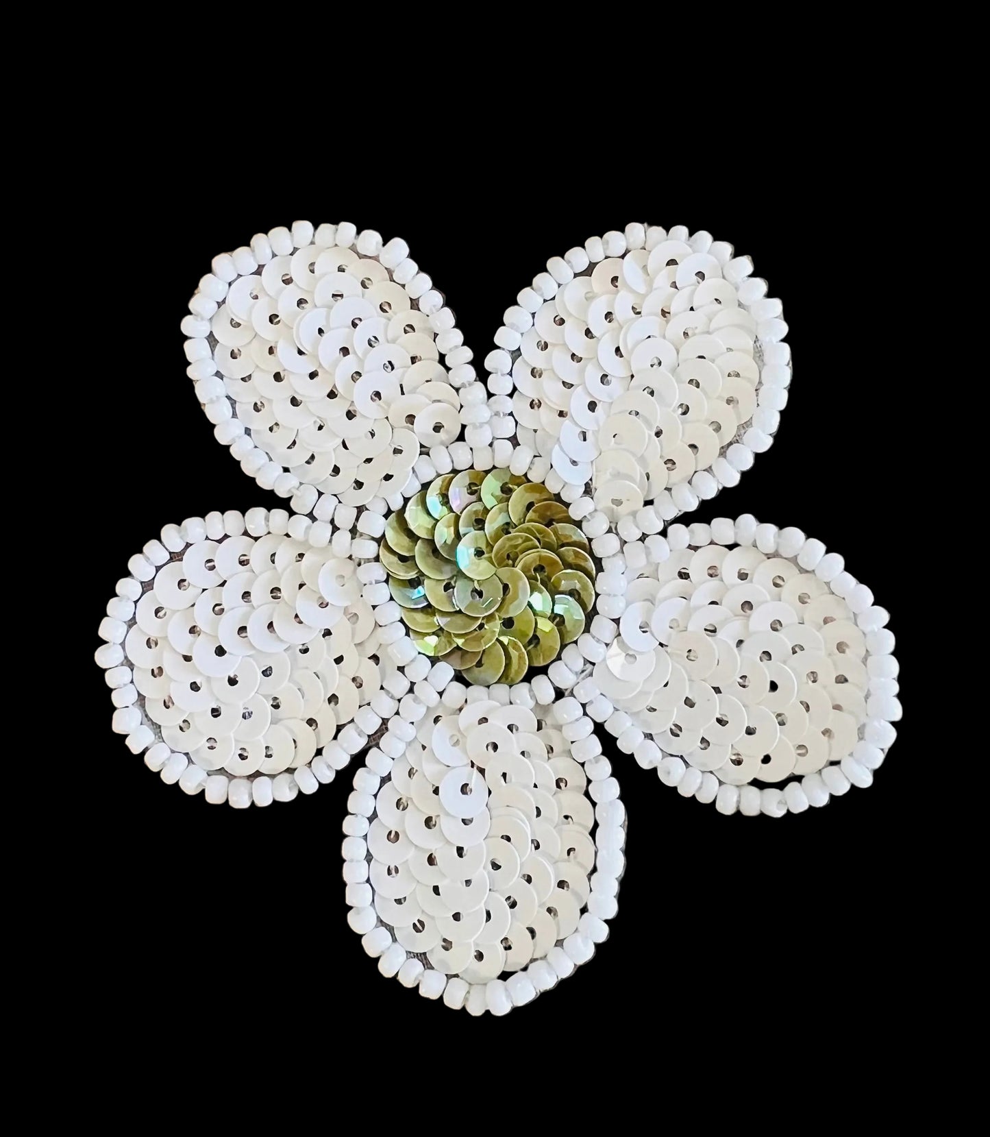 White Flower with Sequins and Beads Green Center 2.5"