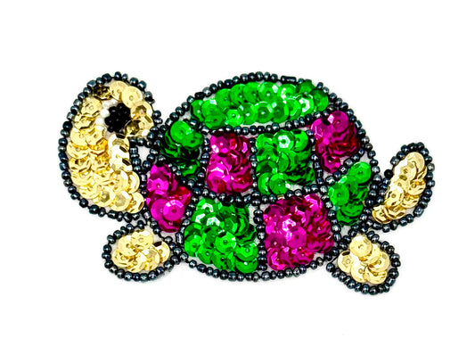 Turtle with Green, Gold and Fuchsia Sequins and Beads 3.25" x 2"