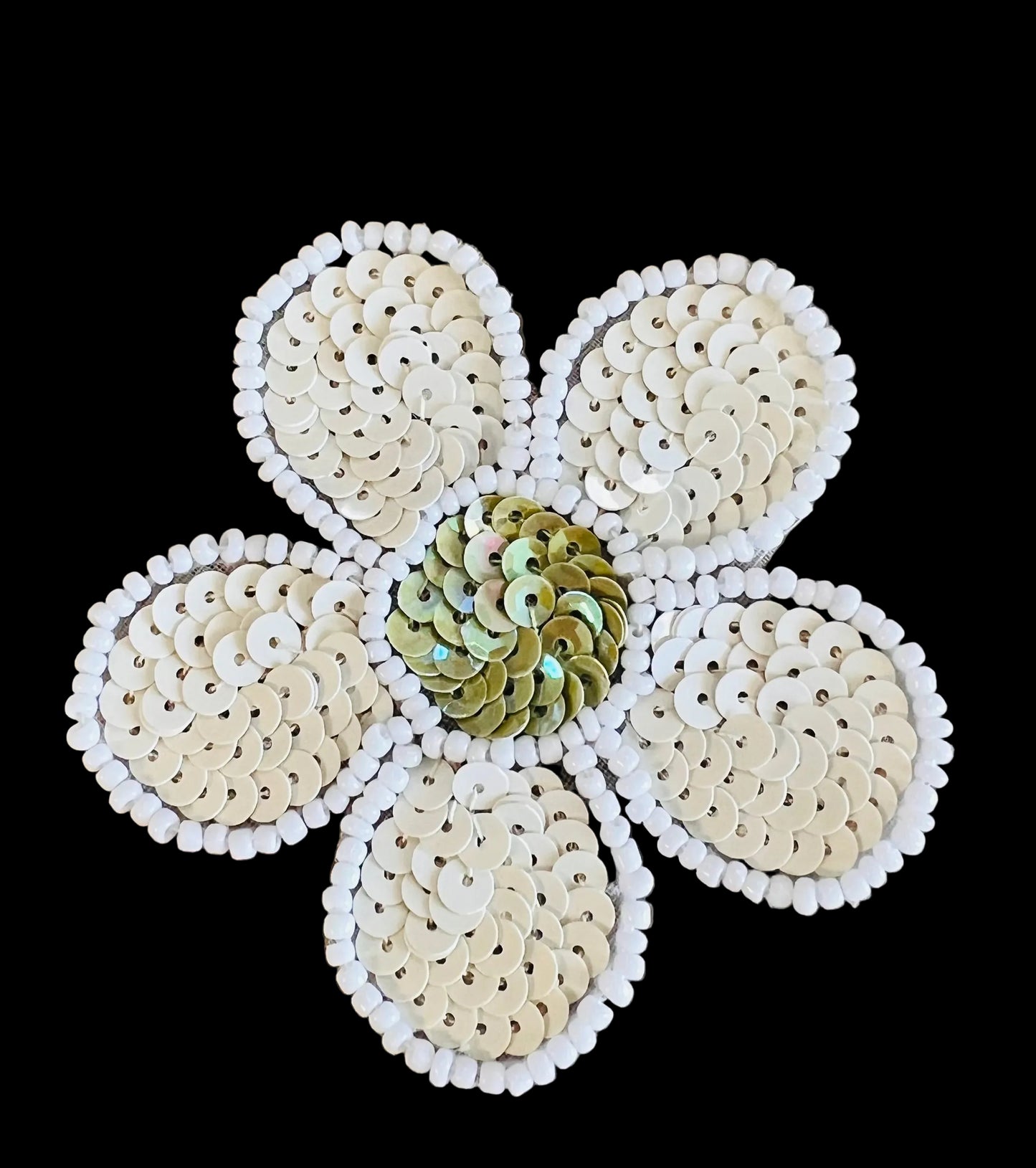 White Flower with Sequins and Beads Green Center 2.5"