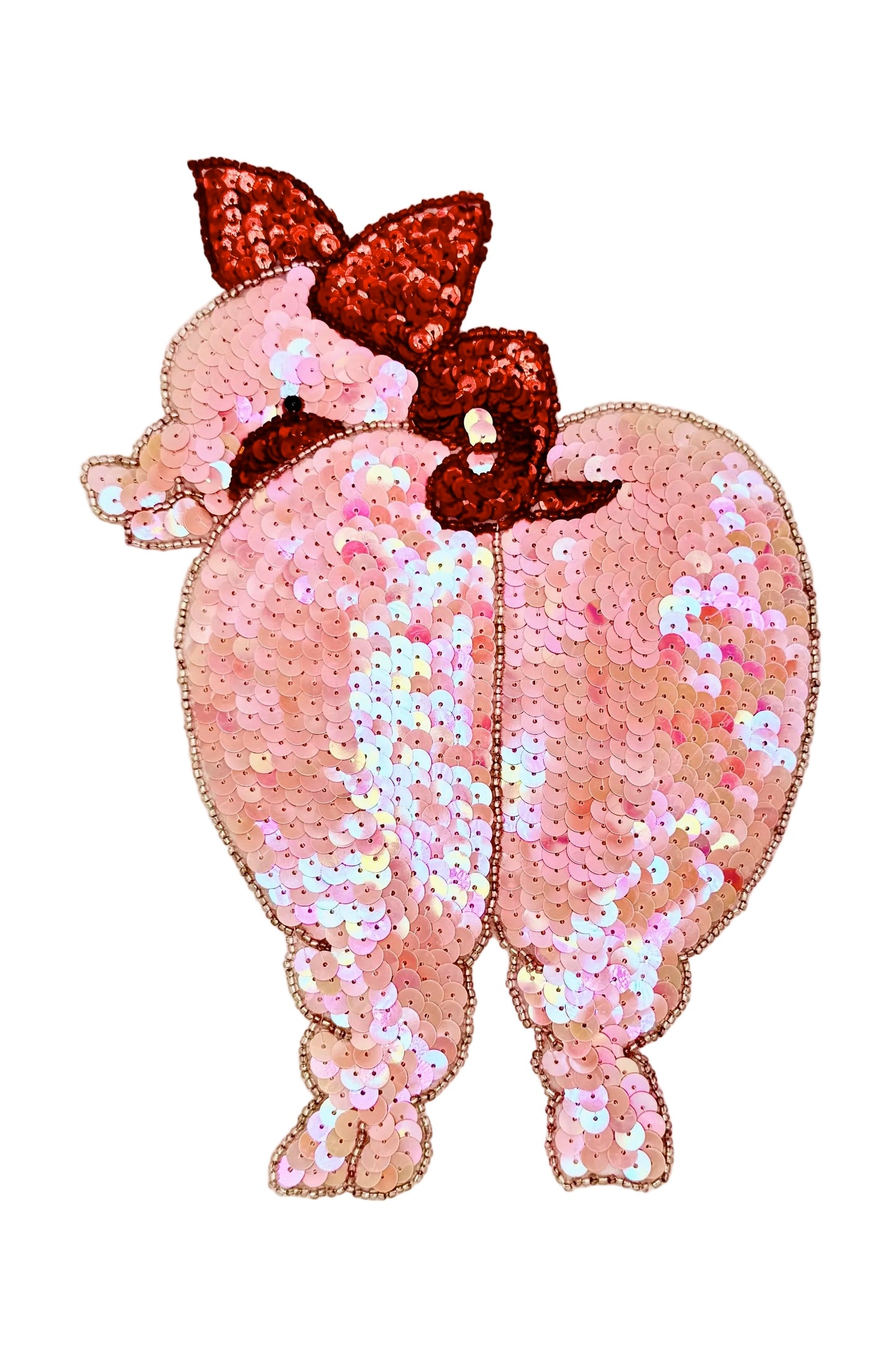Pink Pig Looking Back with with a Red Bow - Sequins and Beads 8.75" x 6.25"