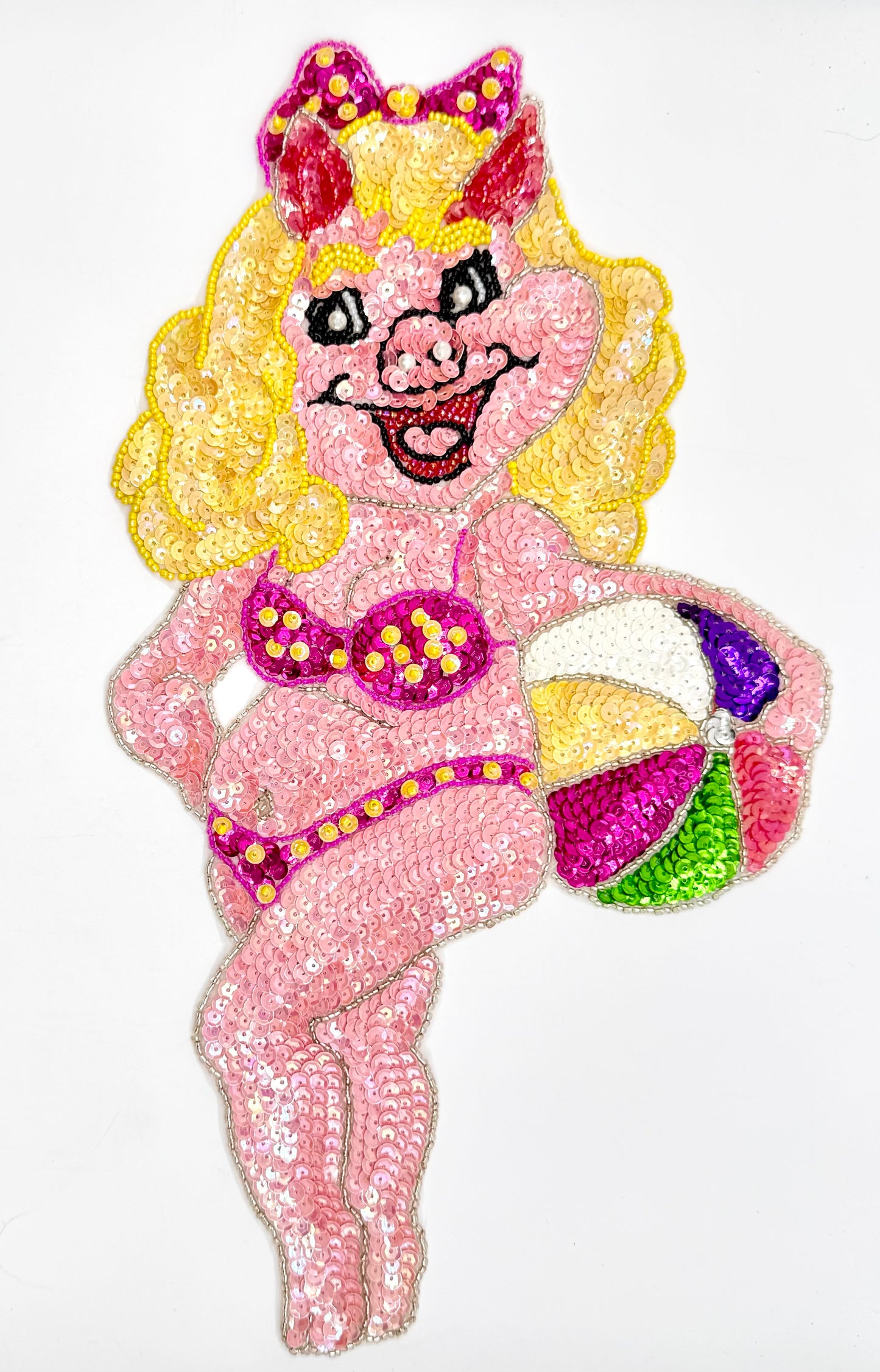 Pig with A blonde Wig in a Bikini with a Beach Ball - Sequins and Beads  - 13.25 x 7.5"