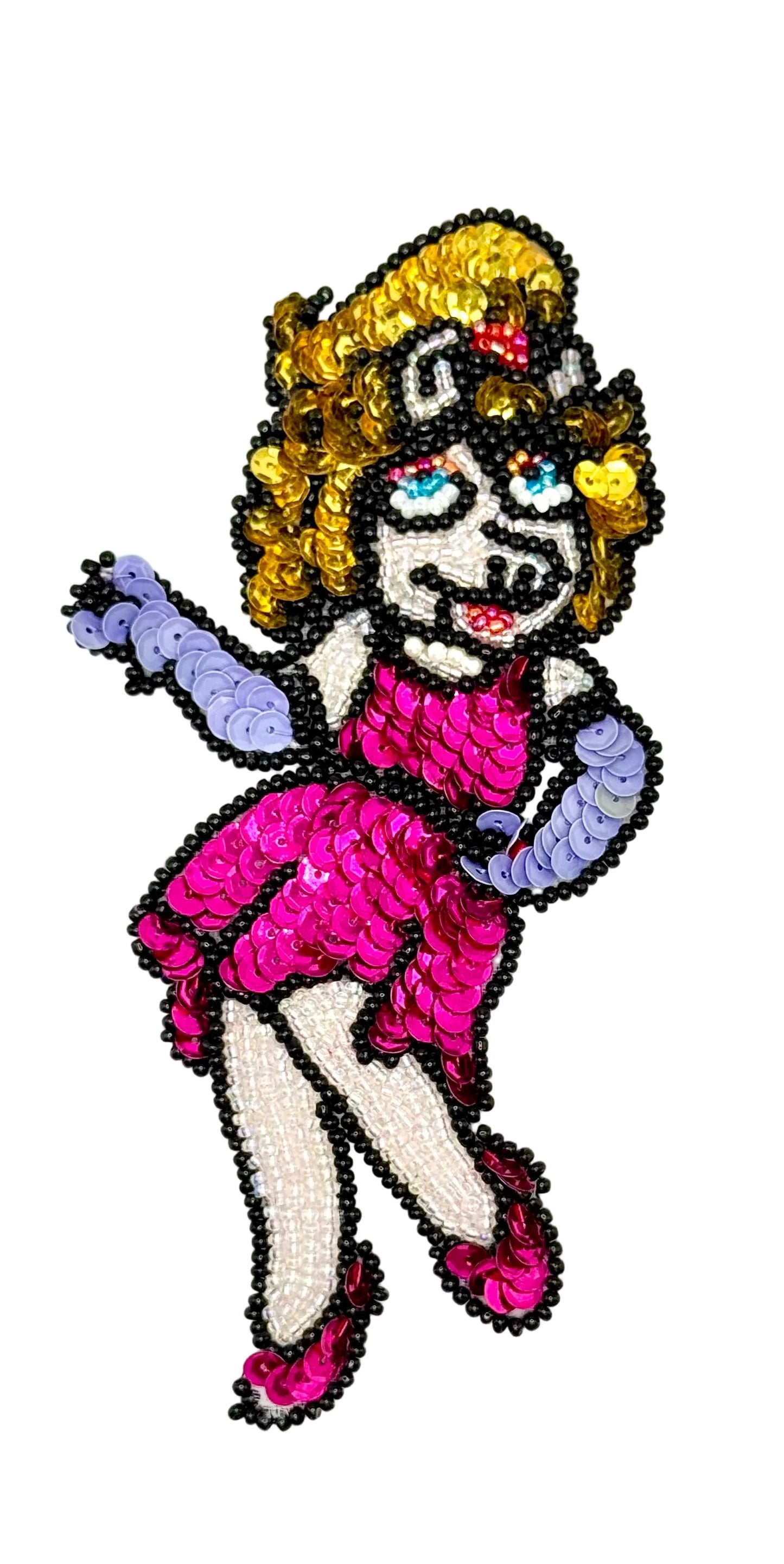 Beaded and sequin patch of a character with sequin embellishments on a white background