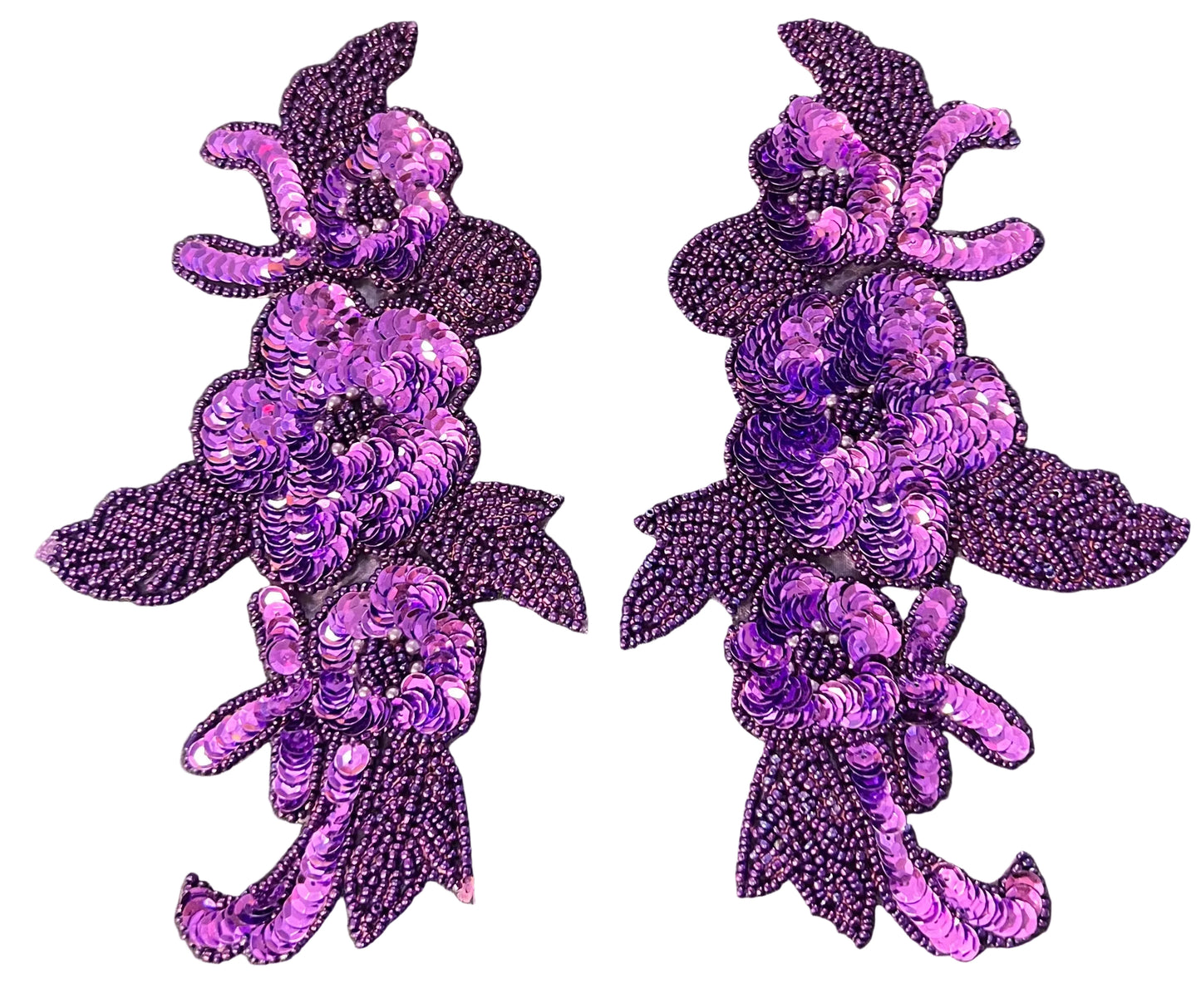 Flower Pair with Purple Sequins and Beaded Leaves 7.5" x 4.5" Choice of Bead Color: Blue Iridescent or Mauve