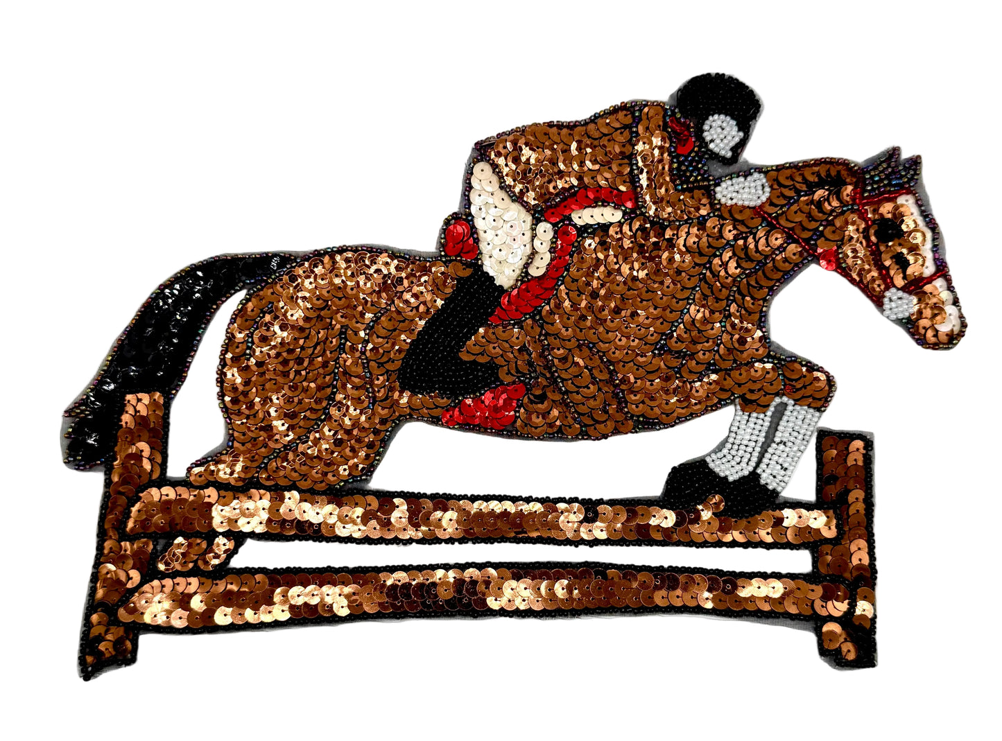 Sequined patch of a horse and jockey jumping over a hurdle on a white background