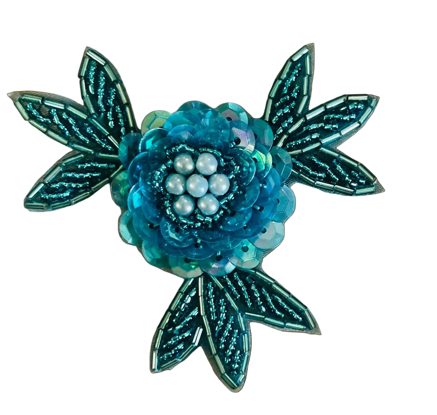 Aplicación floral con lentejuelas y abalorios turquesa de 7,5 cm