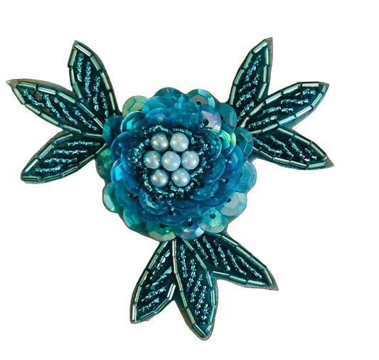 Aplicación floral con lentejuelas y abalorios turquesa de 7,5 cm